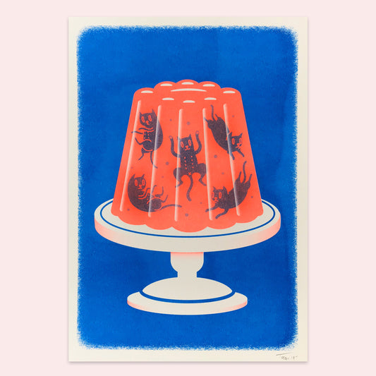 Jell-O cats mini poster, blue and red - Tamar Moshkovitz